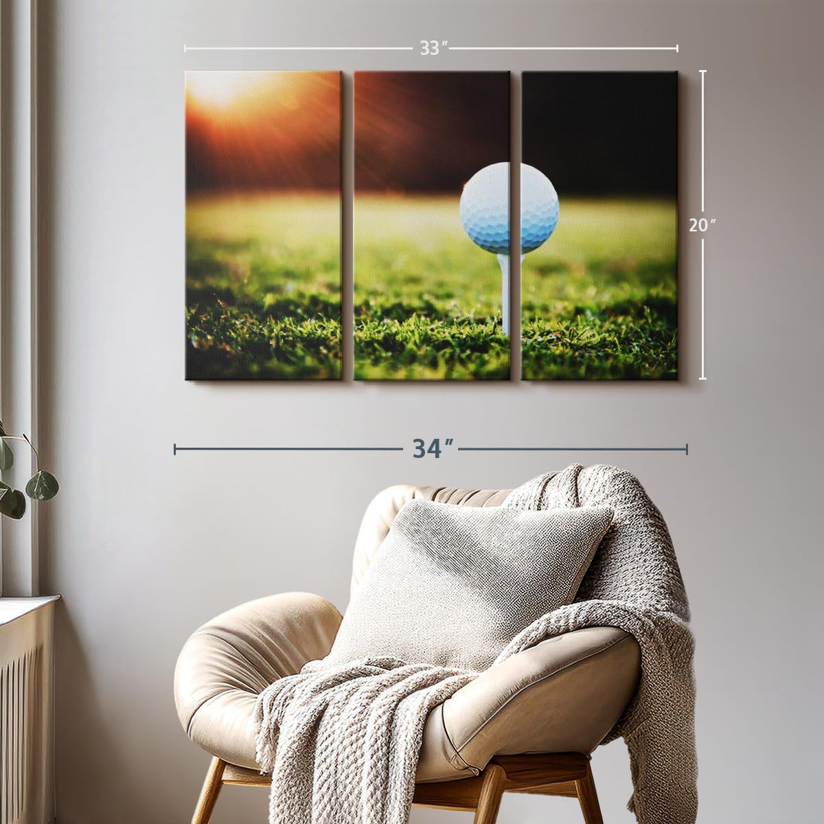 ElephantStock Golf Ball Tee Wall Art - Horizontal Canvas - 3-Piece Living Room Wall Decor - Photography Photographic Canvas Print - Black and White Decor for Wall - 33" X 20"