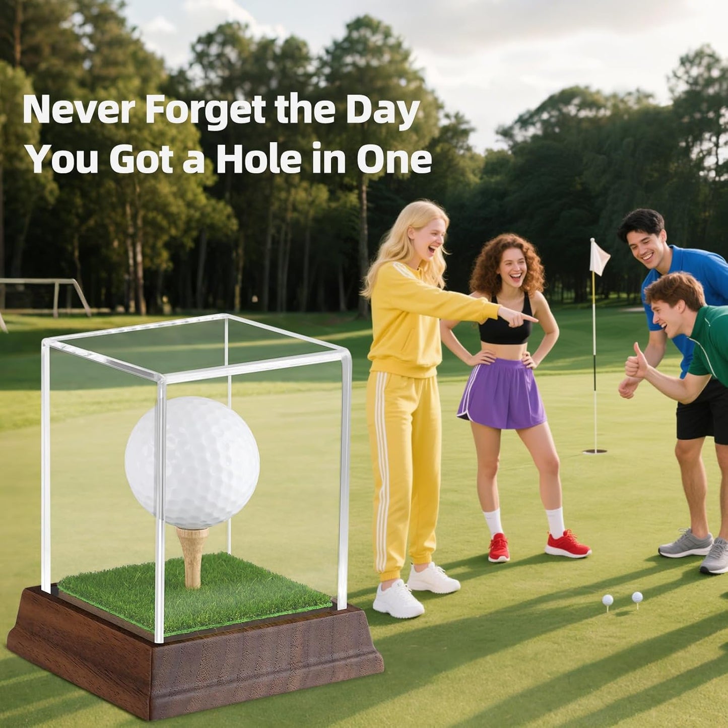 Golf Ball Display Case Hole in One Golf Ball Display Case Walnut Wood Base Acrylic Golf Ball Holder Display Uv Protection Golfball Stand,Golf Office Decor Gifts for Men