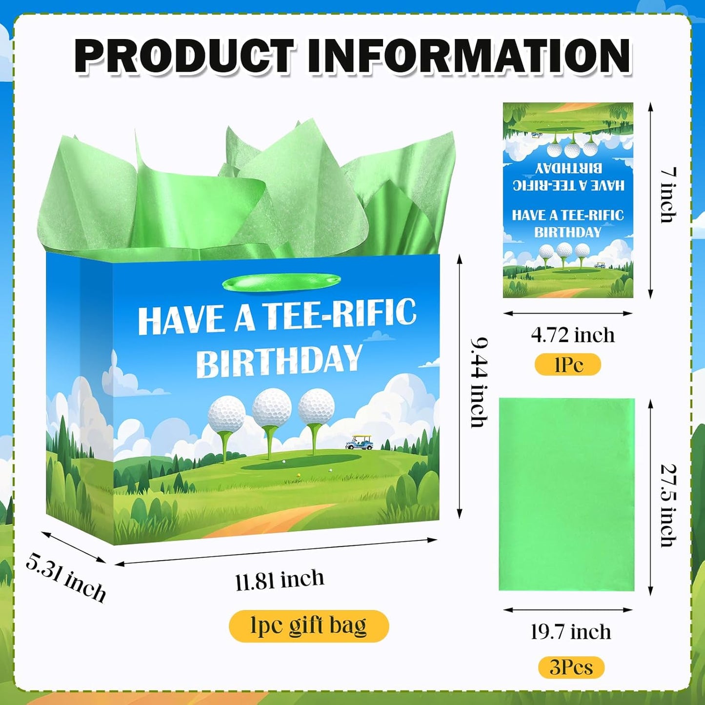 bigniuzi Golf Birthday Gift Bag with Tissue Paper for Men Boy Golf Wrapping Paper and Greeting Card Sports Party Favor Treat Bag for Party Supplies