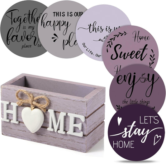 Queekay Housewarming Gifts for Home Decoration Wooden Heart Coasters for Drinks 6 Set Farmhouse Coasters with Holder Funny for Family Coffee Table Protection, 4''(Purple)