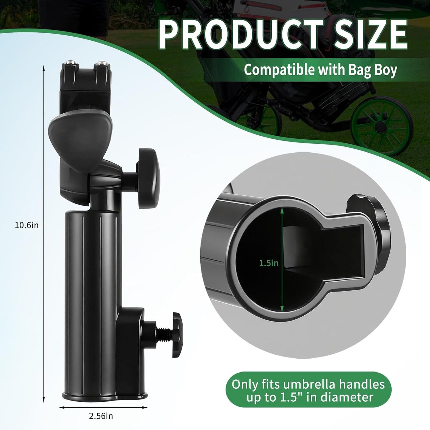 Golf Cart Umbrella Holder Compatible with Bag Boy, Heavy-duty Umbrella Stand, Aluminum Alloy Base Strong Windproof, Universal Mounting for Mobility Scooter, Stroller, Wheelchair, Beach Chair, Black