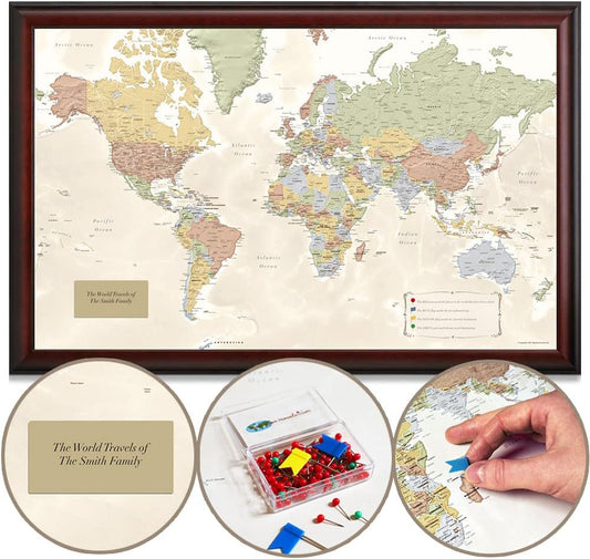 Map Your Travels Deluxe Push Pin World Map | Premium Wood Frame | Personalized Gift Map | Handmade in Minnesota | 33" x 21"