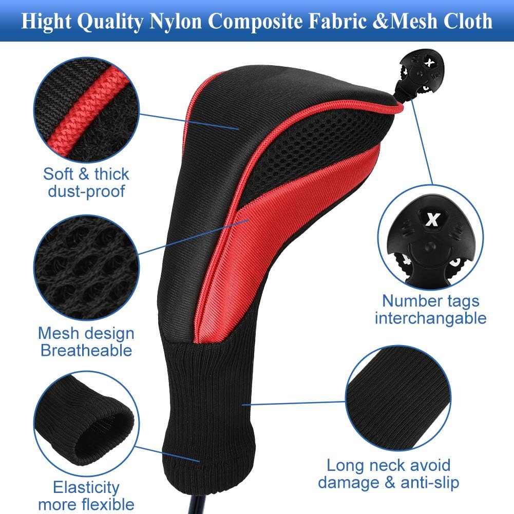 Golf Club Head Covers for Fairway Woods Driver Hybrids, 3Pcs Long Neck Mesh Golf Club Headcovers Set with Interchangeable No. Tags 3 4 5 6 7 X