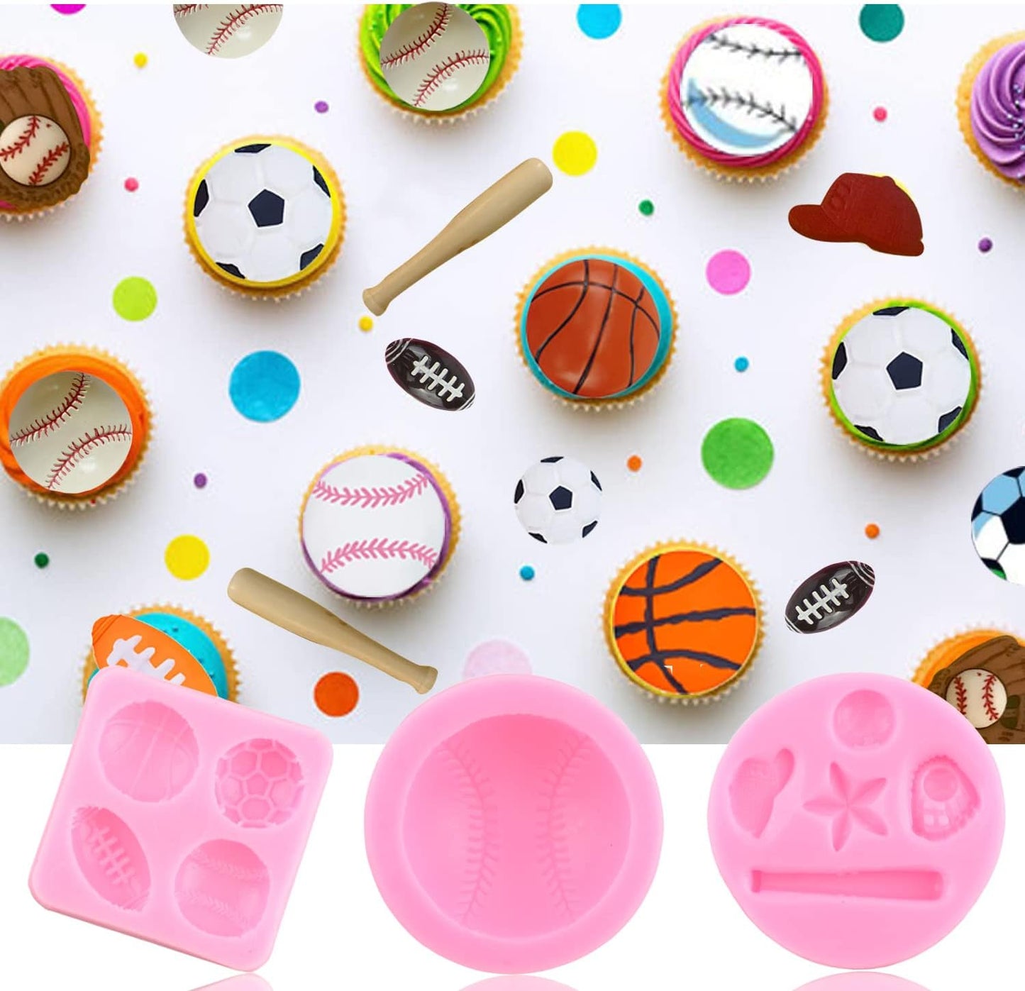 ZiXiang Baseball Silicone Molds Baseball Bat Glove Hat Fondant Mold Basketball Football Rugby Chocolate Molds For Cake Decorating Jelly Shots Candy Gum Paste Set of 4