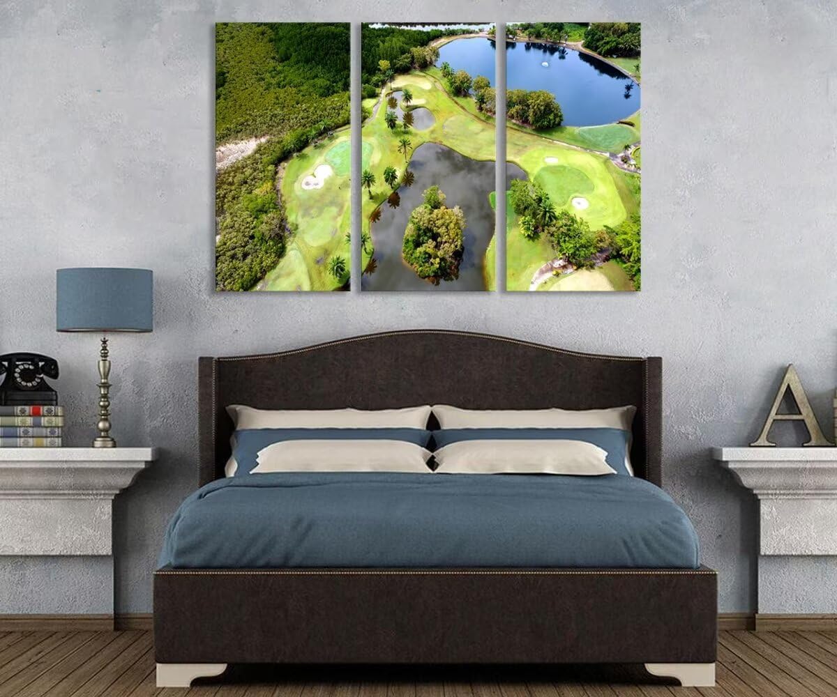 chenchenArt Golf Course Wall Art for Living Room Bedroom Bathroom Home Decorations Lake and Golf Course Pictures Posters Canvas Prints Modern Artwork for Office Framed Ready to Hang(20''W x 40''H x3)