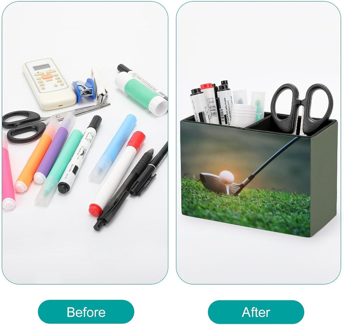 Pen Holder, Pencil Holder for Desk Organizer, Golf Theme Sport Ball PU Leather Pencil Cups Desktop Stationery Storage Makeup Brush Holder Pen Organizer for Office Home