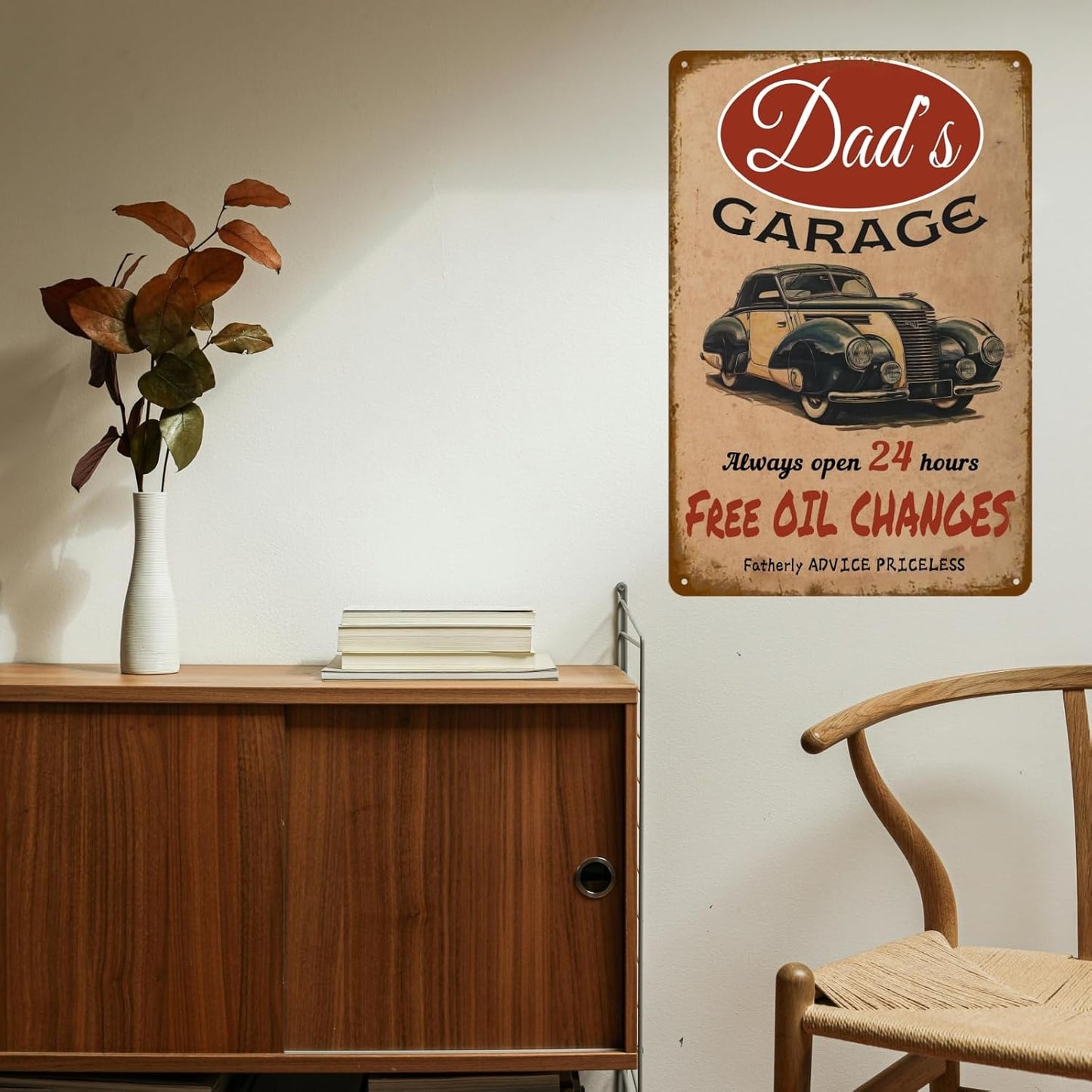 Dad's Garage Vintage Tin Sign - Free Oil Changes and Fatherly Advice Is Priceless - Metal Workshop Decor for Men 8x12 Inch