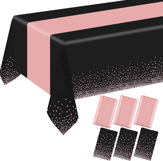 6 Pack Rectangle Plastic Dot Tablecloth Set, 54 X 108 Inch Plastic Table Cover, 12 x 108 Inch Satin Table Runners for Wedding Graduation Birthday New Year Party Decorations (Black, Rose Gold)