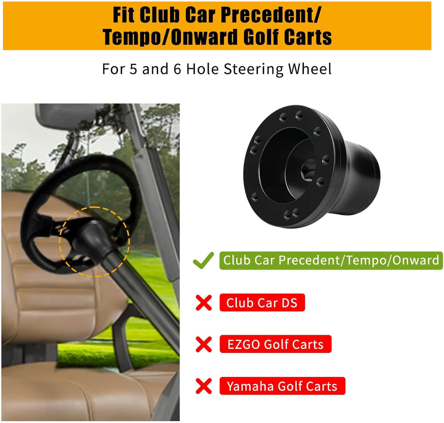 Club Car Steering Wheel Adapter Hub for Club Car Precedent/Tempo/Onward Golf Carts with 5-6 Holes Golf Cart Steering Wheel