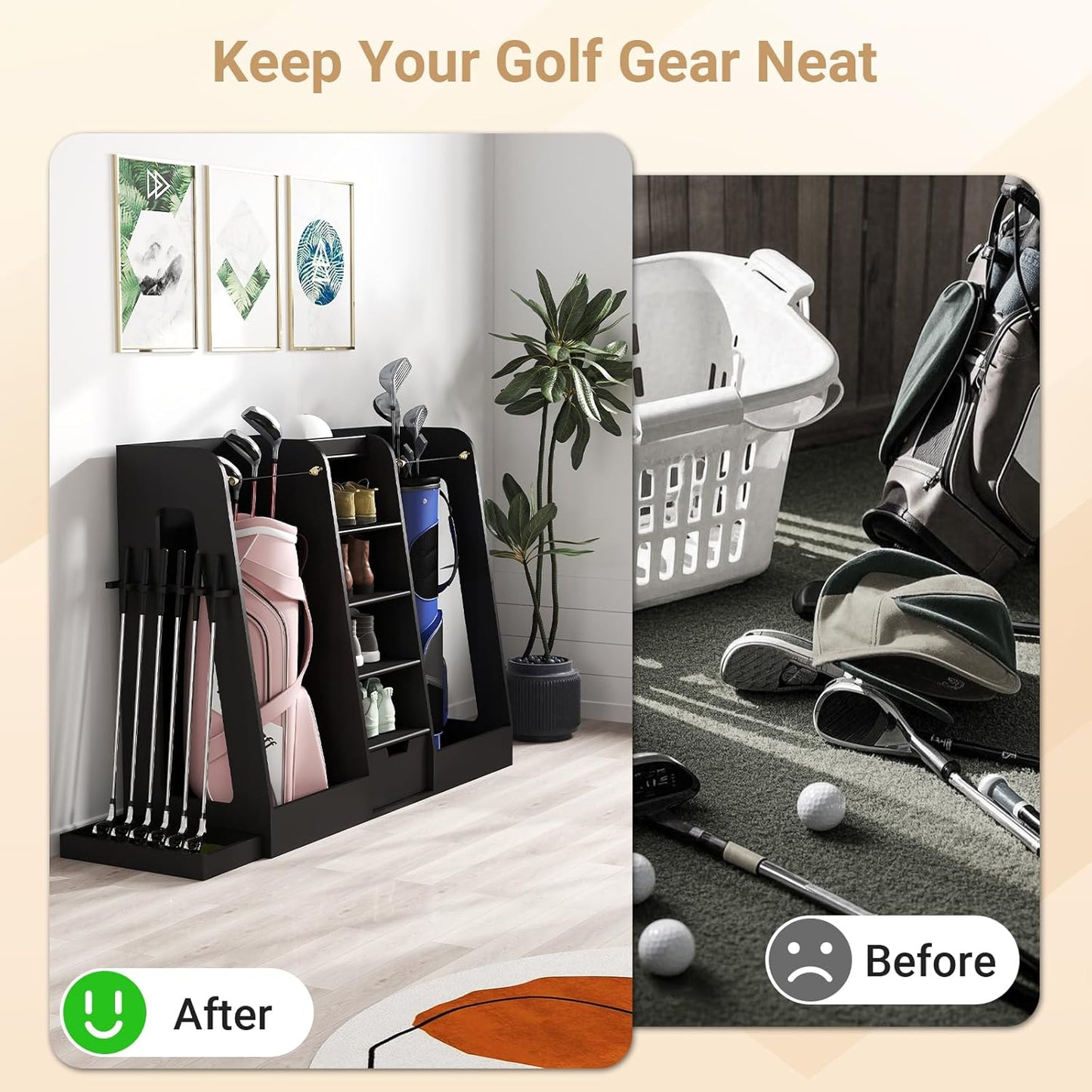 Wooden Golf Bag Organizer and Storage Rack, Golf Storage Organizer for Garage, Golf Bag storage Rack, Holds 2 Golf Bags and Golfing Equipment, Suitable for Garage Golf Club Home