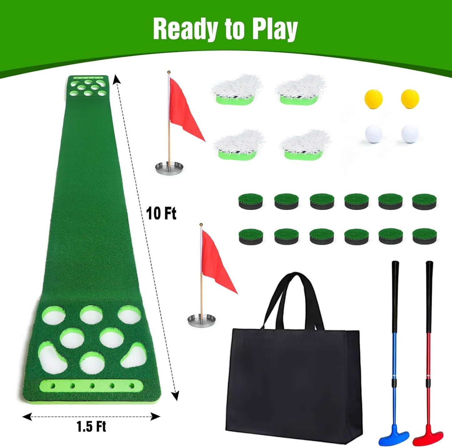 Golf Putting Game Set, Detachable Golf Putting Green Mat with 4 Balls, 2 Cups & Flags, 1 Portable Bag for Indoor & Outdoor Party Game Use