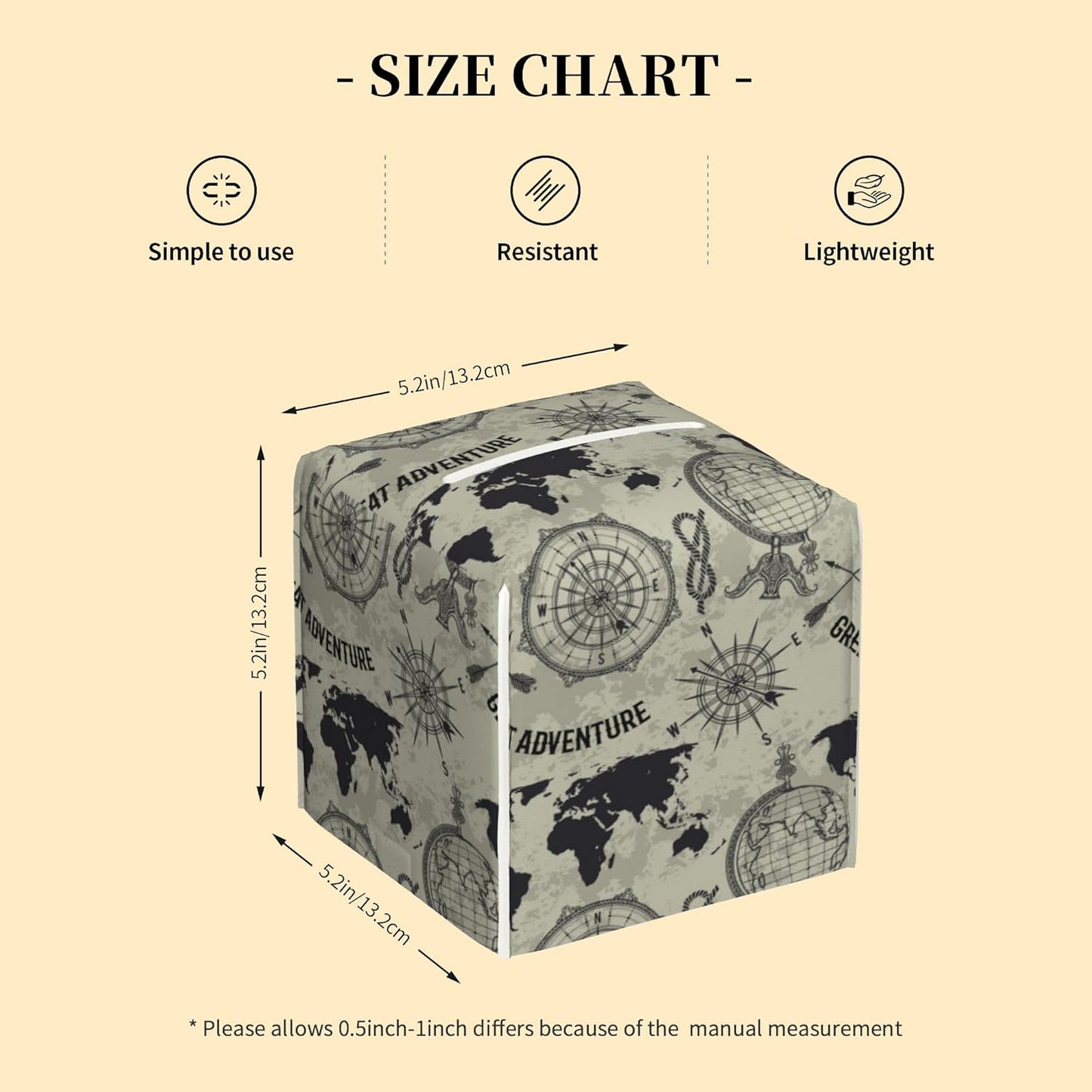 Tissue Box Cover Square,Retro Globe World Map Tissue Box Holder Waterproof Leather Facial Paper Case Modern Home Decoration for Bedroom Dresser Night Stand Office Desk