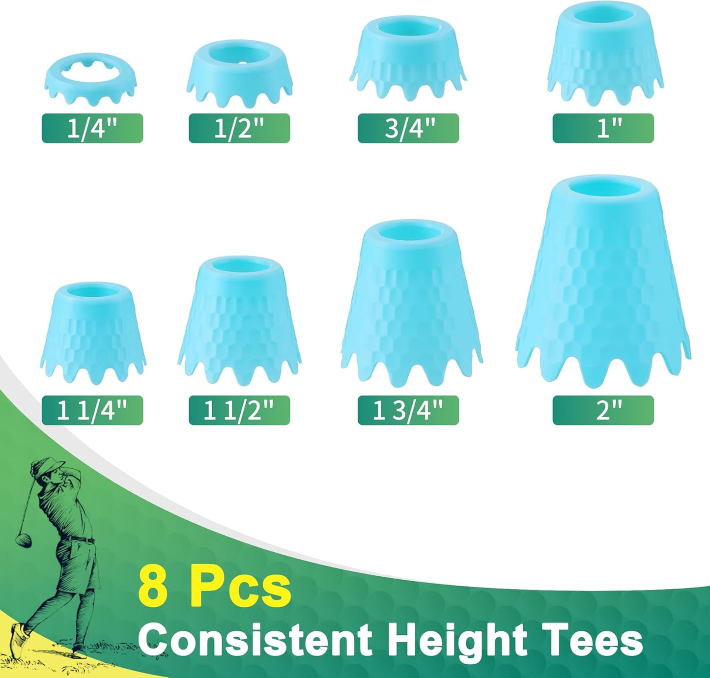 8 Pack ‌Simulator Golf Tees, TPU Unbreakable Material, Height from 1/4" to 2", Suitable for Indoor, Outdoor, Winter, Golf Mats, Turf and Driving Range