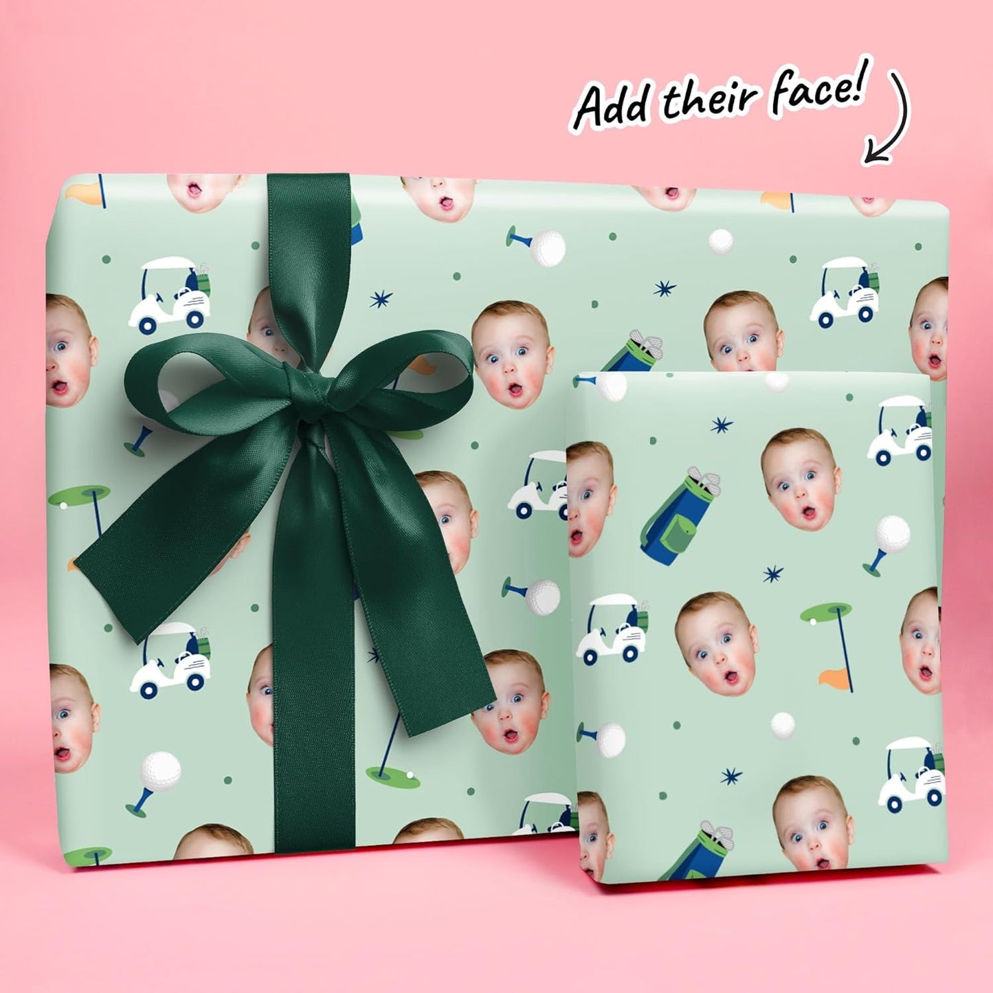 Big Dot of Happiness Custom Photo Golf Wrapping Paper Roll, Sports-Themed Retirement or Birthday Party Decor, Personalized Fun Face Golf Gift Wrap, 24 in x 7 feet, 2 Rolls