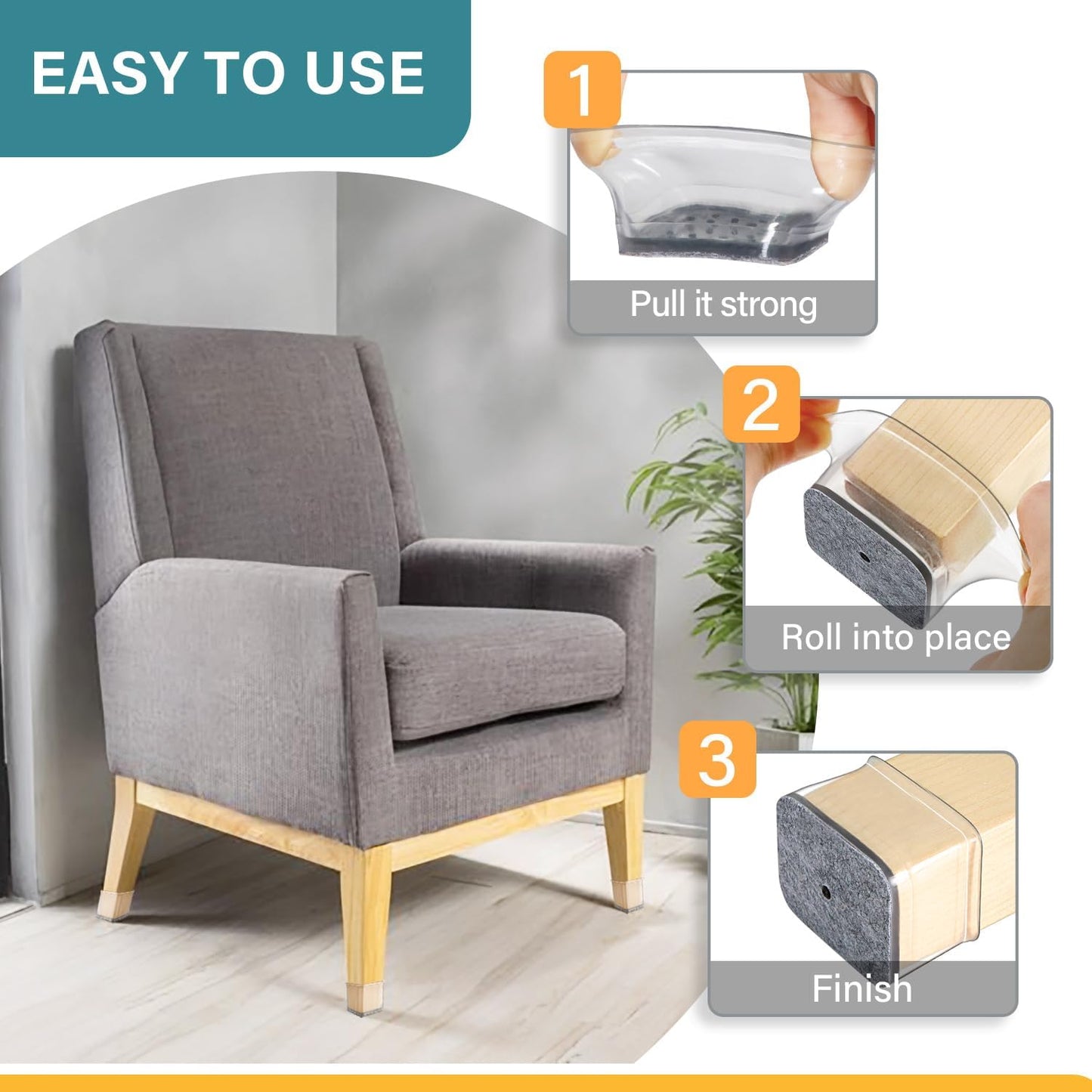 24 Pcs Chair Leg Floor Protectors Rectangle, Silicone Felt Furniture Leg Pads Caps Covers for Hardwood Floors (Fit Perimeter 5" to 5‑7/8")