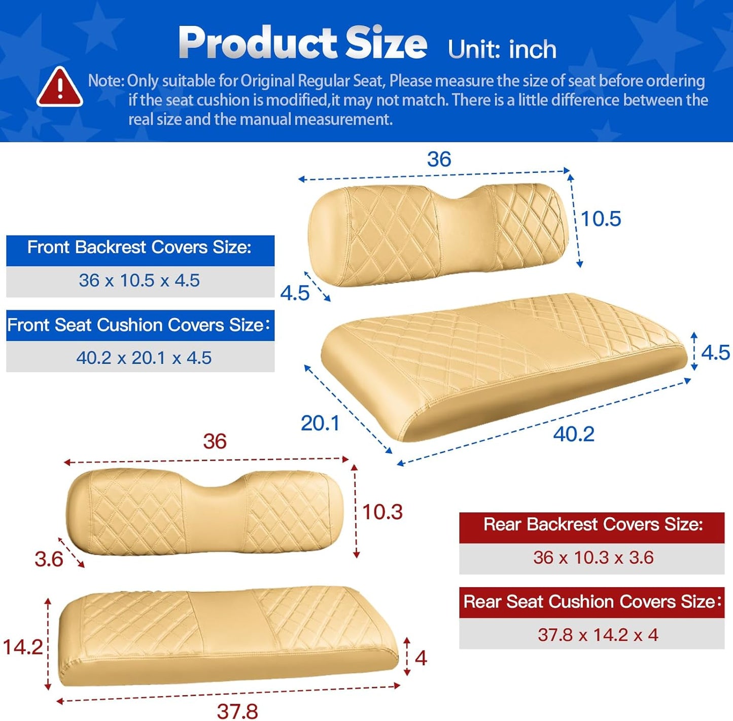 NOKINS 4PCS Golf Cart Diamond Seat Covers Kit, Front&Rear Seat Covers Fits EZGO TXT 1994-2013/EZGO RXV Standard Seat Cushion, EZGO Vinyl Seat Cover Accessories, No Staples (Tan)