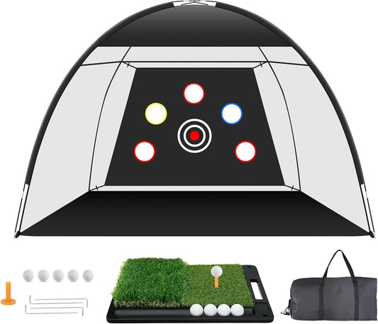 Golf Net: 10x7ft Golf Hitting Practice Net for Use，with Heavy-Duty Base Dual-Turf Mat，Suitable for Various Indoor and Outdoor Scenarios，Scenes Such As Garages, Backyards, Sandy Areas, Lawns, Etc