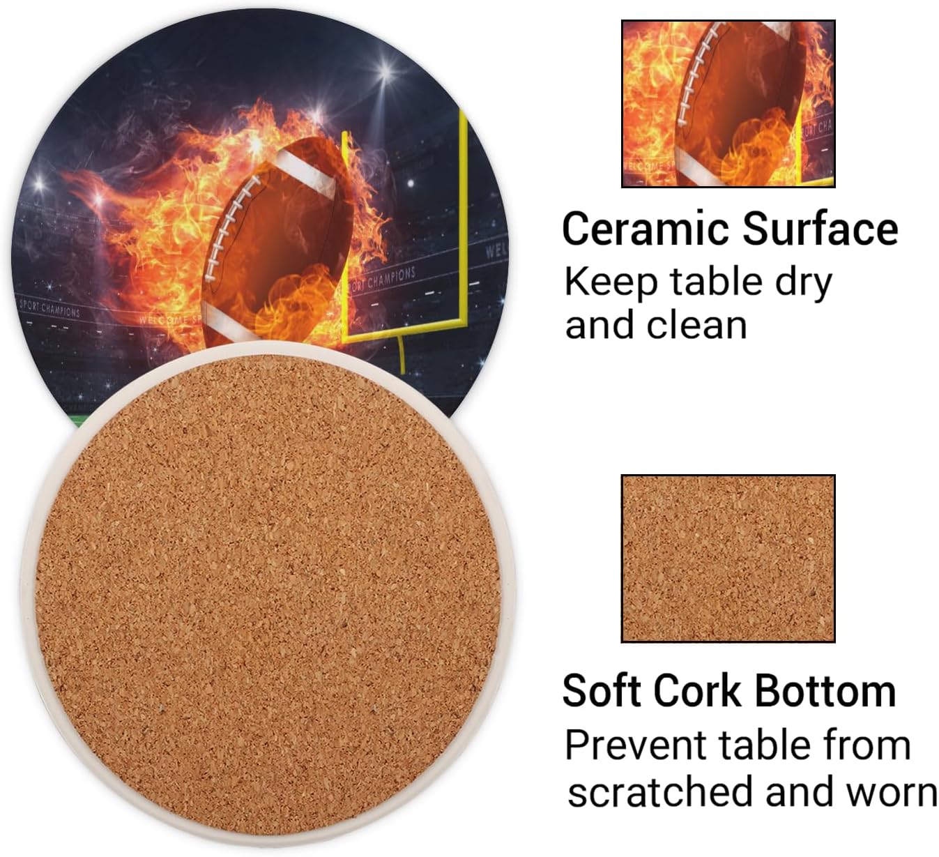 Ceramic Coasters for Drinks with Cork Back, Clean Soccer Display (2) 4 Inch Absorbent Coaster Set 2 Pack, Quick Dry Non-Slip Coaster Mats for Home, Office, Bar
