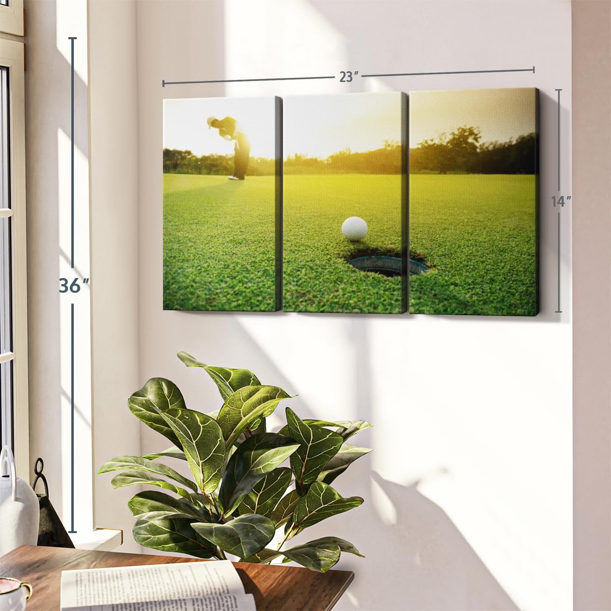 ElephantStock Golf Ball Strike Wall Art - Horizontal Canvas - 3-Piece Living Room Wall Decor - Photography Sports Canvas Print - Green and White Decor for Wall - 23" X 14"