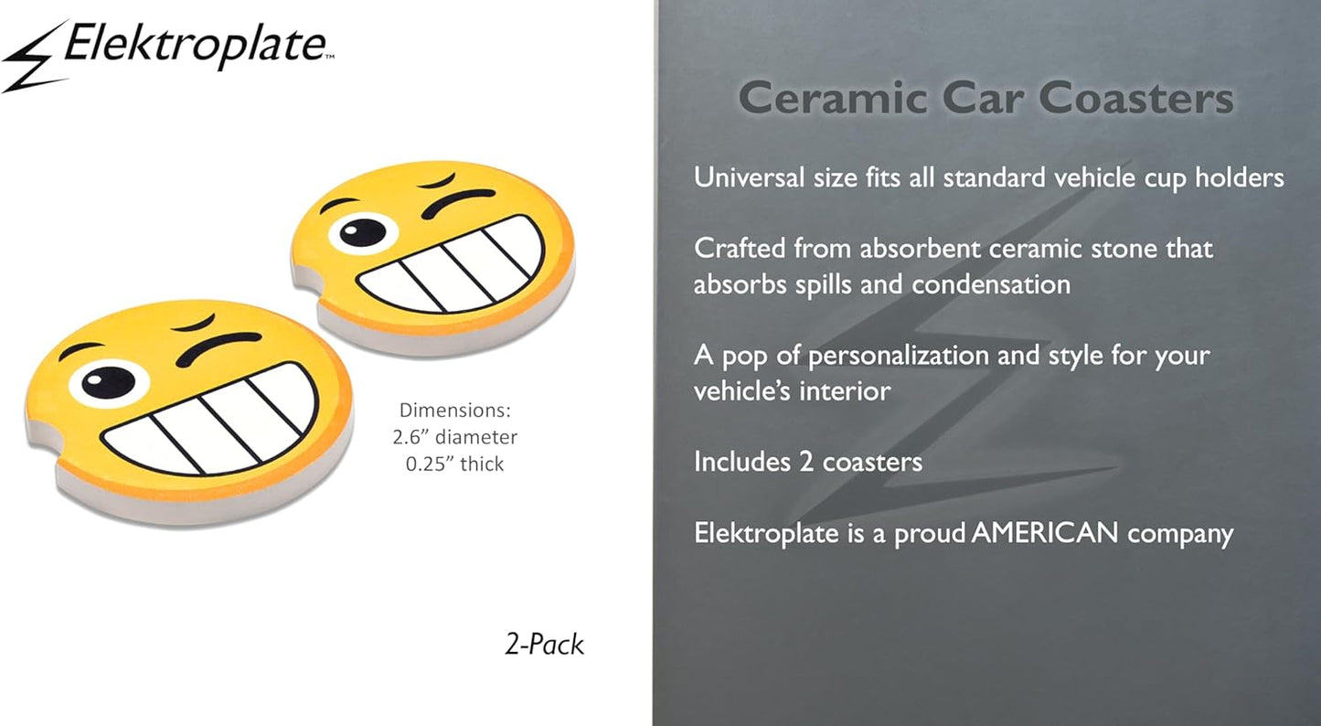 Elektroplate Funny Winking Face Automotive Ceramic Coasters (2.6" Diameter) | Universal Fit for All Cars, Trucks, SUVs, and More | Absorbent Non-Slip Durable | Set of 2