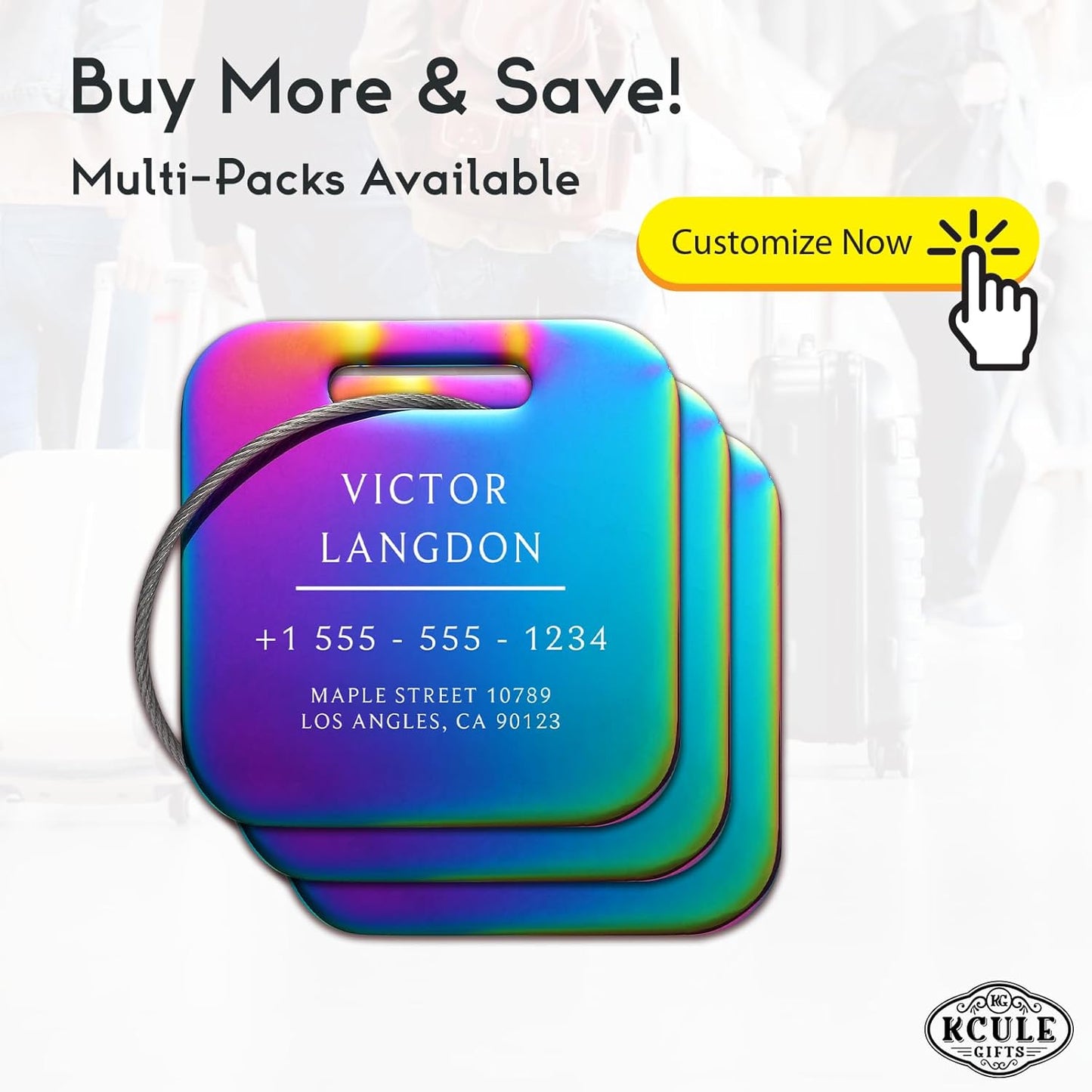 Stainless Luggage Tags for Suitcases: Metal Personalized Luggage Tags and Bags with Customizable Texts (Rainbow)