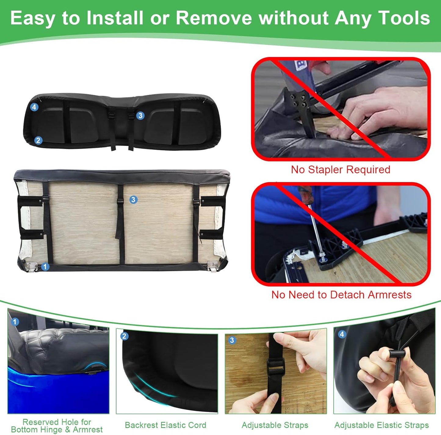 Club Car DS 2000.5-Up Seat Covers, Golf Cart Seat Covers for Club Car DS OEM Ordinary Seat, Front Seat Cover with Concave and Convex Design, Thick Vinyl Leather Comfortable