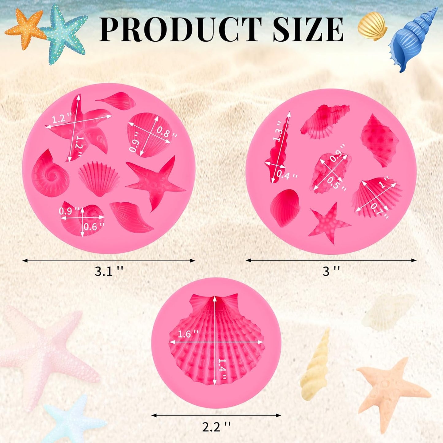 3 Pcs Marine Silicone Fondant Molds, Seashell Conch Starfish Chocolate Candy Molds for Cupcake Topper, Cake Pop Decoration and Clay Craft Making