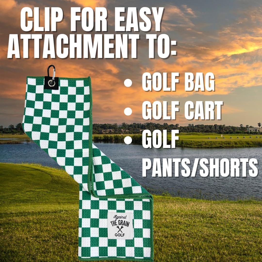 Against The Grain Microfiber Golf Towel with Clip - (12"x20") Green & White Checkered Design Golf Club Towel, Golf Towels for Golf Bags for Men & Women