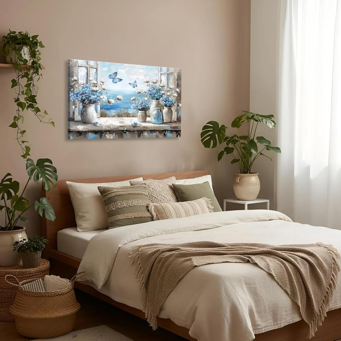 Blue Coastal Flower Bathroom Canvas Wall Art Butterfly Bathroom Painting Picture Wall Decor Window Beach Butterfly Poster Print Artwork for Living Room Bathroom Home Decoration