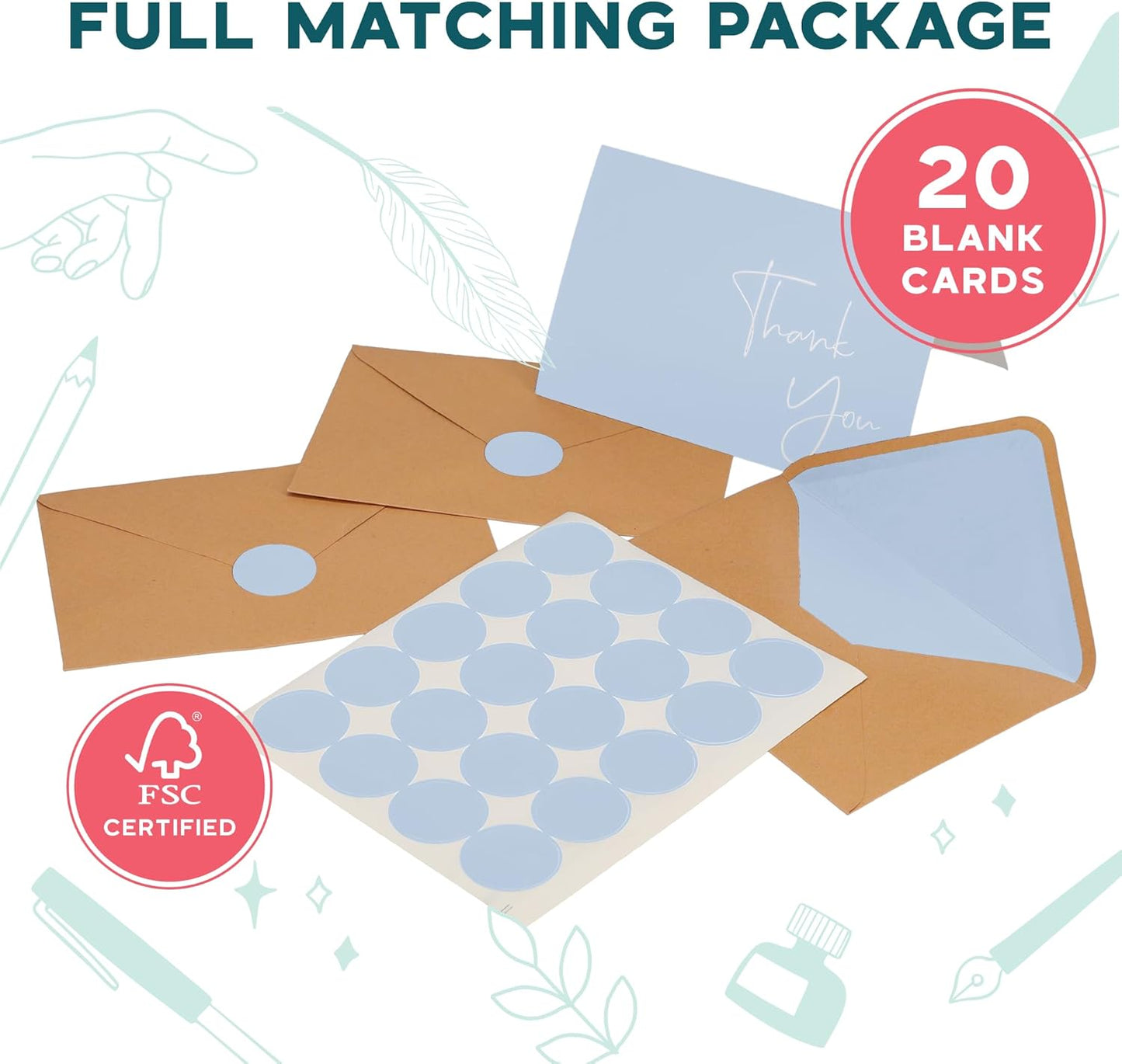 VNS Creations 50 Pack Thank You Cards With Envelopes, Stickers, 3.5x5 Inch Blank Thank You Notes - Bulk Box Set Notes for Graduation, Wedding, Small Business, Baby & Bridal Shower Card - Light Blue