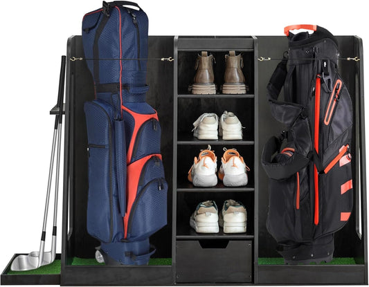 Golf Bag Organizer Storage Rack Stand Holder Fits 2 Extra Large Golf Club Bags and Multiple Golfing Equipment Accessories for Garage Home Simulator and Office
