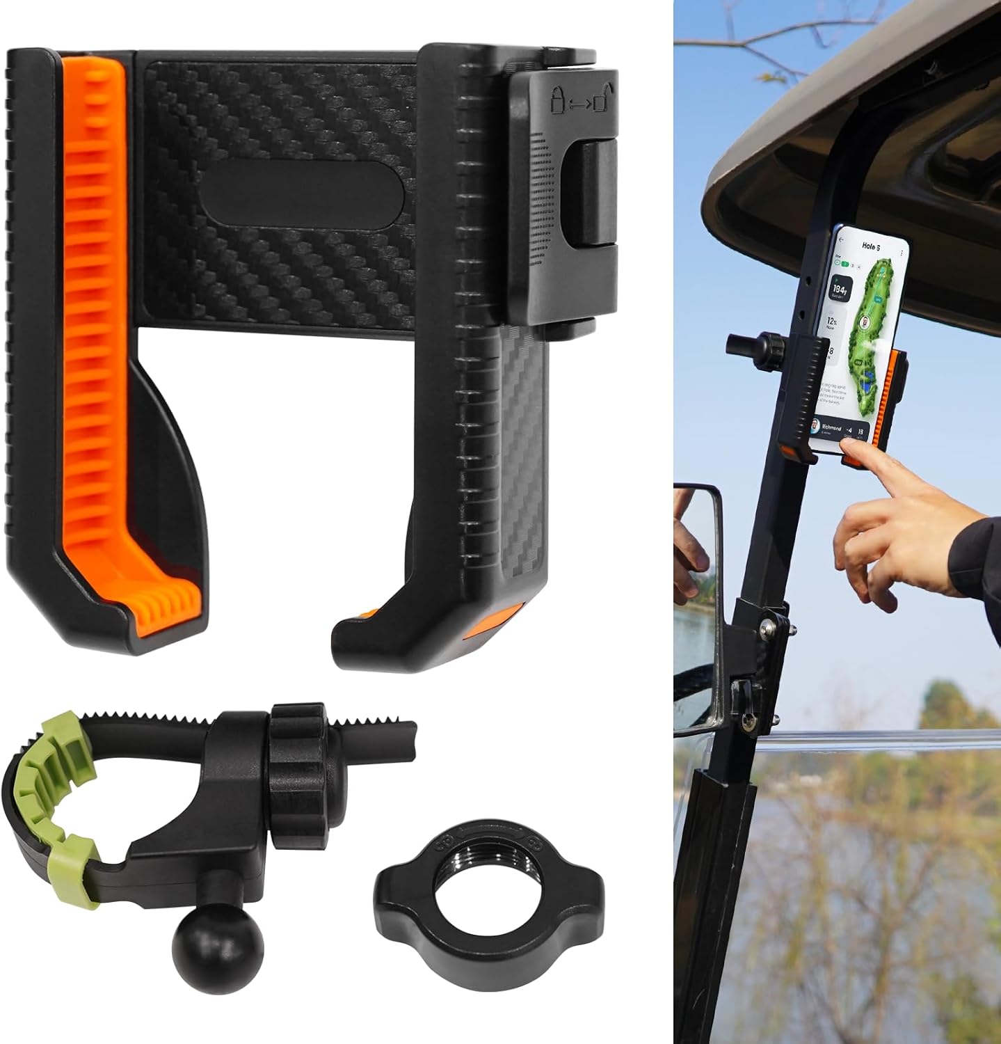 Golf Cart Phone Holder for EZGO Club Car Yamaha, Widely Use for Golf Push Cart Motorcycle Bike Treadmill Scooter Phone Mount, Compatible with iPhone/Samsung/Pixel All Phones, Golf Cart Accessories