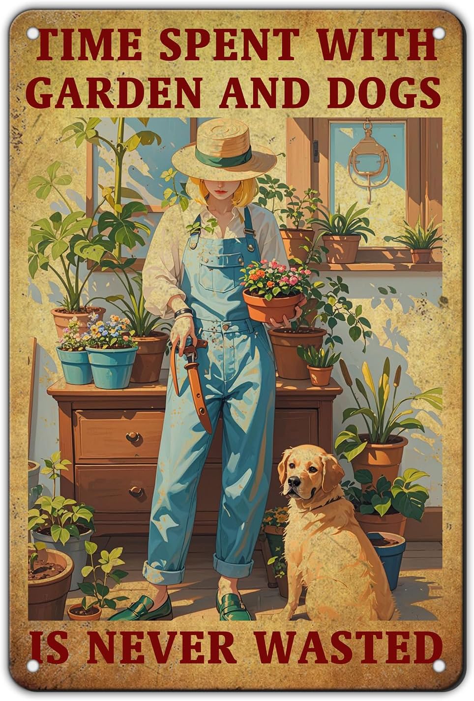 Vintage Garden Time Spent with Garden and Dogs is Never Wasted Metal Tin Sign 8x12 Inch Home Restaurant Wall Decor