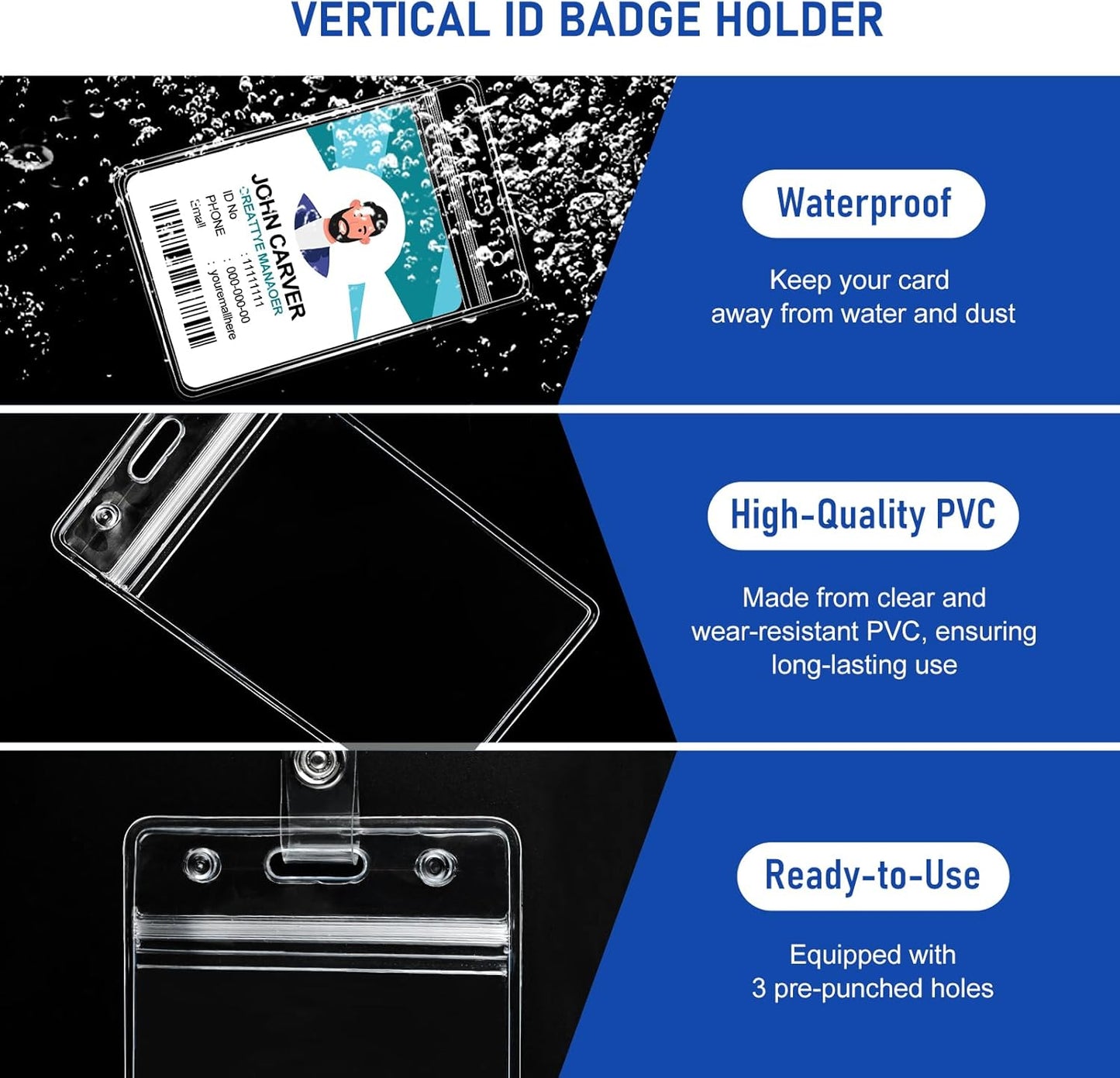 10 Pack Heavy Duty Retractable Badge Reel with Waterproof Vertical Name Badge ID Card Holders and Key Ring for Card Keychain Badge Holder