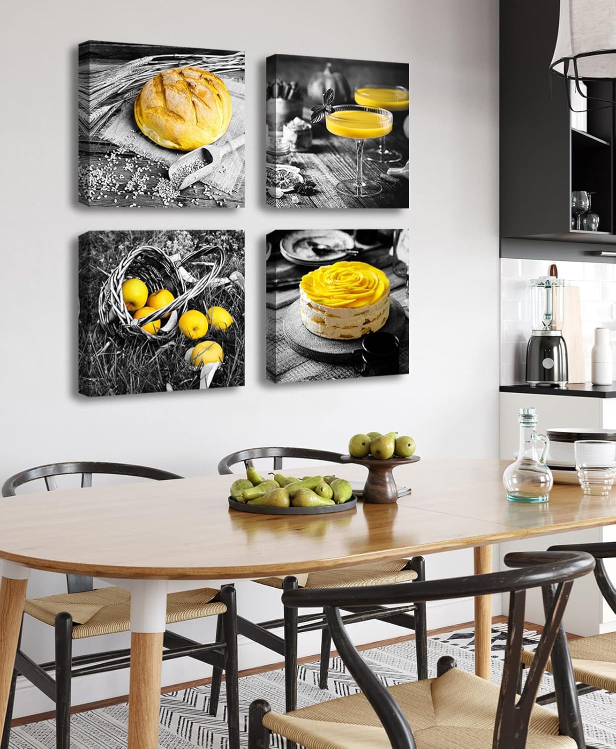 DJSYLIFE Kitchen Wall Decor Black and White Yellow Wall Art Bread Cake Fruit Picture Canvas Print Paintings for Cafe Dining Room Restaurant Farmhouse Kitchen Decoration 12" Wx12 Hx4