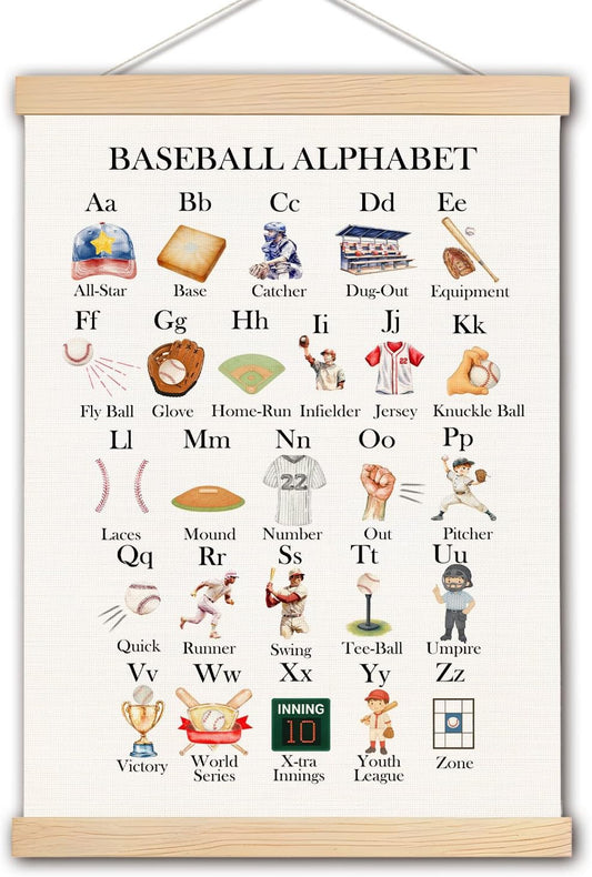pouep Baseball Alphabet Nursery Wall Art Poster, Baseball Room Decor for Boys, Sports ABC Alphabet Educational Canvas Prints Wall Decor for Kids Boys Bedroom Dorm Nursery, 12x16 Inches