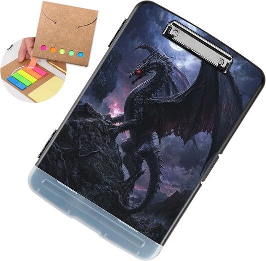 Clipboard with Storage - Large Capacity,Nursing Clipboard with Pen Holder,Heavy Duty,Plastic Side-Opening Folder for Teacher,Nurse - Black Dragon