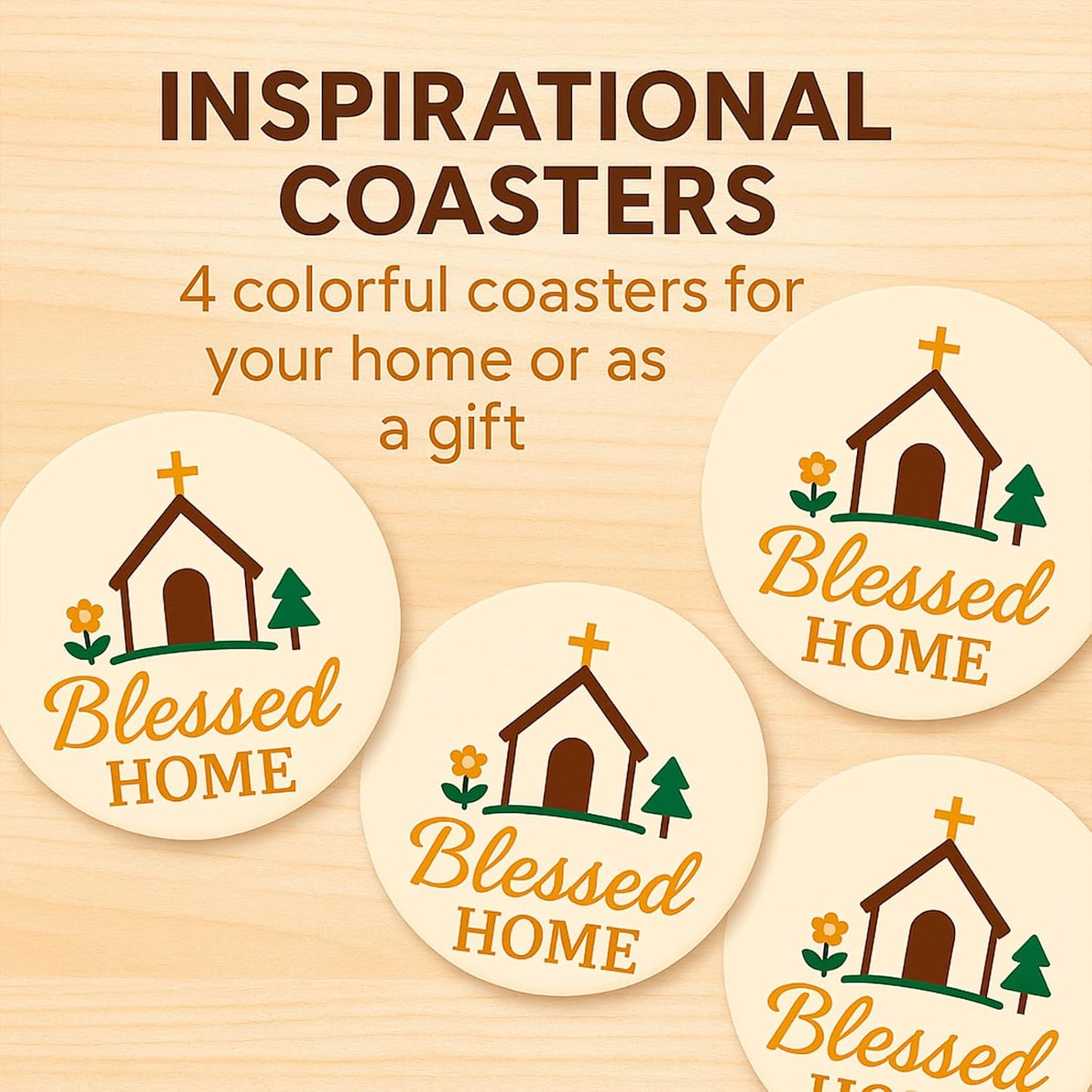 Blessed Home Christian Absorbent Ceramic Coasters Set of 4 with Non-Slip Cork Backing, Religious Faith Stone Drink Coasters for Coffee Table, Kitchen, Dining Room, Housewarming, Church Decor