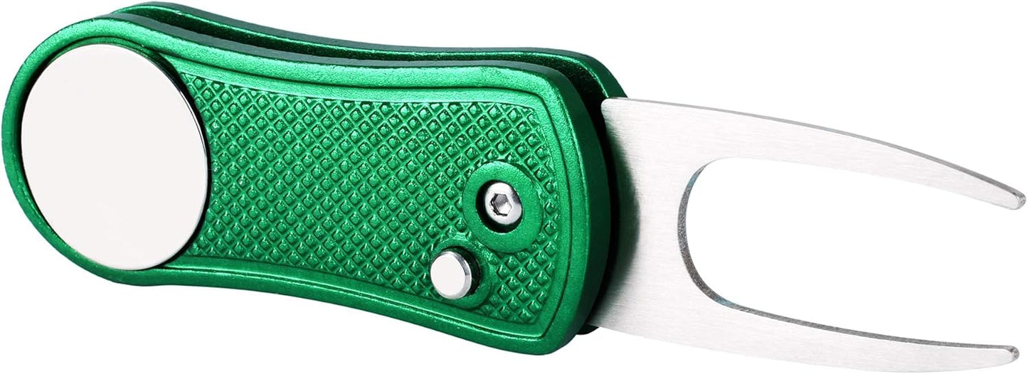Mile High Life Golf Divot Repair Tool, All Metal Foldable Divot Tool with Pop-up Button & Magnetic Ball Marker