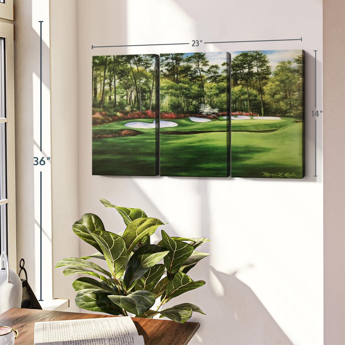 ElephantStock Augusta National 13th Hole I Wall Art - Horizontal Canvas - 3-Piece Living Room Wall Decor - Painting Sports Canvas Print - Green and Red Decor for Wall by Marci Rule - 23" X 14"