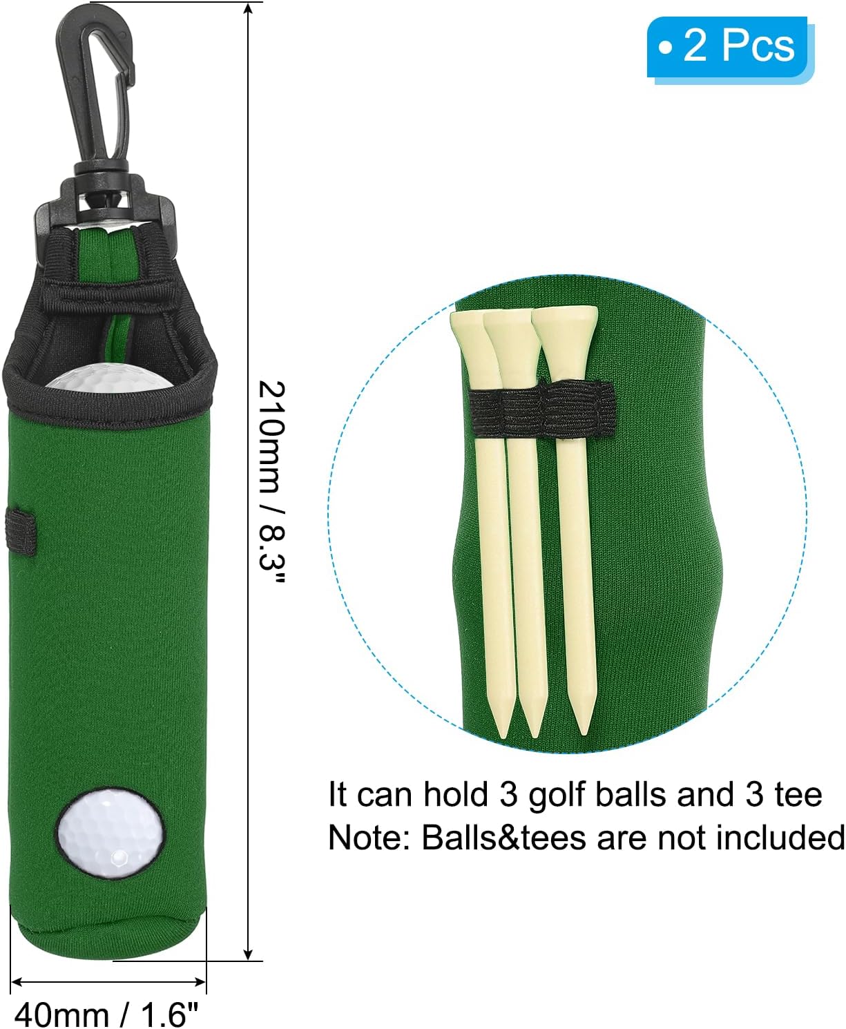 PATIKIL Golf Ball Carry Bag, 2 Pcs Golf Tee Holder Pouch Portable Neoprene Golf Ball Holder with Clip for Men and Women Storage Gifts, Forest Green