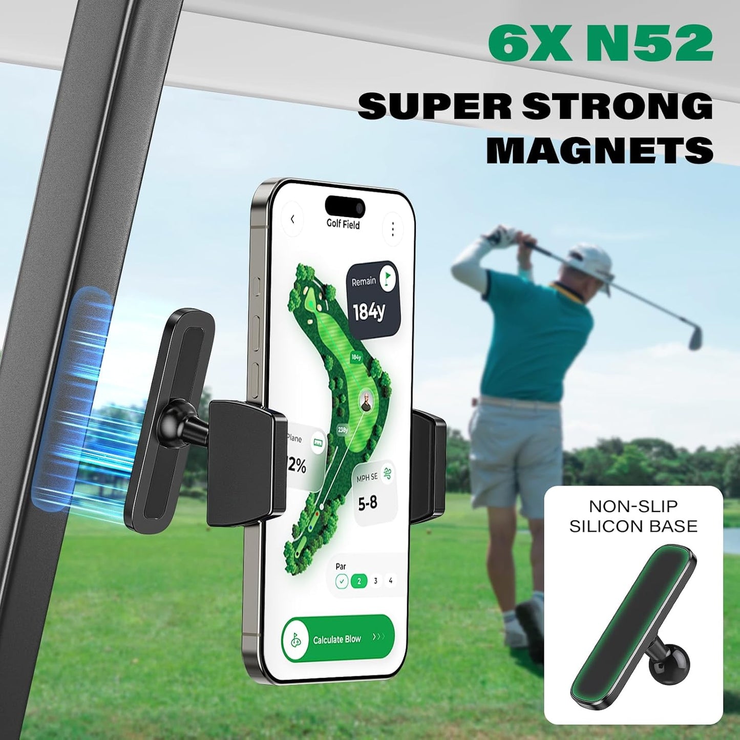 Aluminum Alloy Golf Cart Phone Holder with Safety Lock, Heavy Duty Magnetic Golf Phone Mount for EZGO/Club Car/Yamaha/Icon, Golf Cart Accessories Gifts for Men Women [Phone Case Friendly]