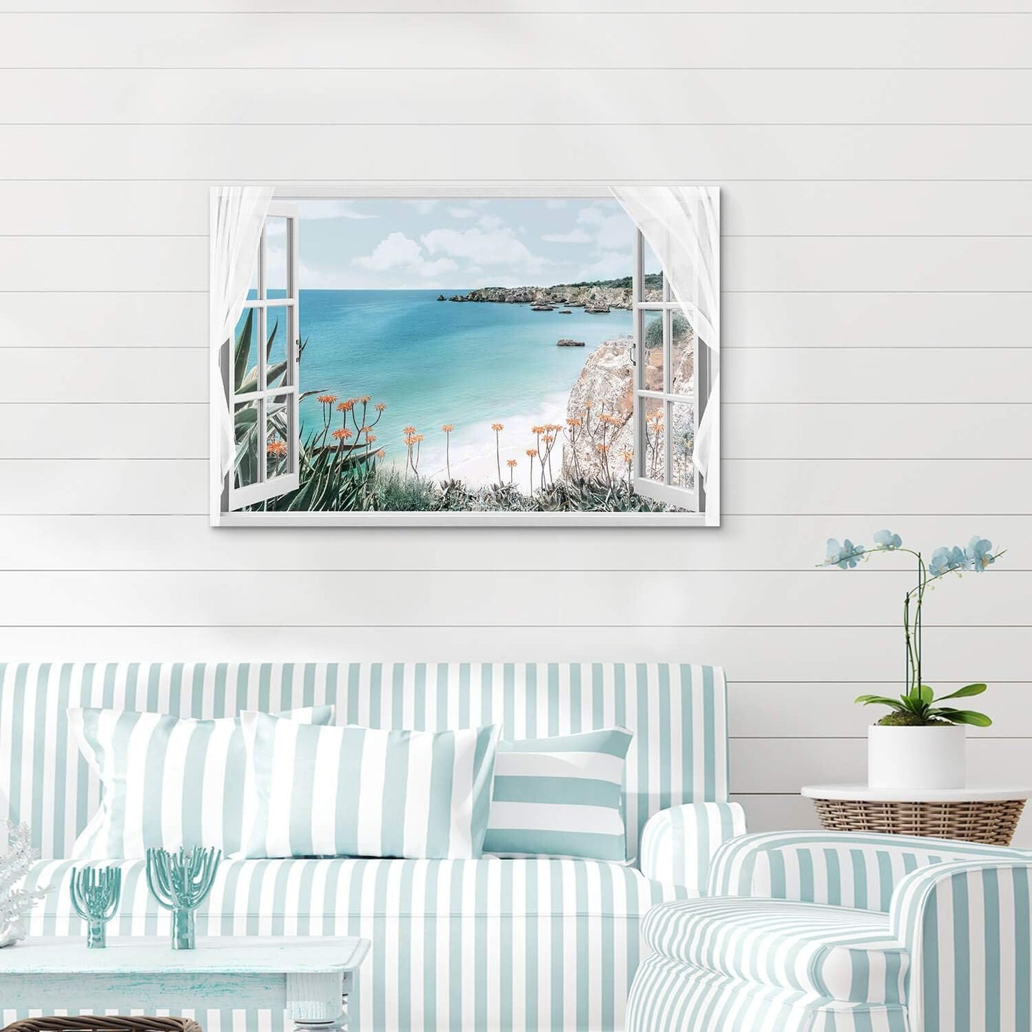 Window Canvas Art Sea Picture: Open Window into Blue Ocean with Beach Wall Art Coastal Artwork for Bedroom (36'' x 24'' x 1 Panel)