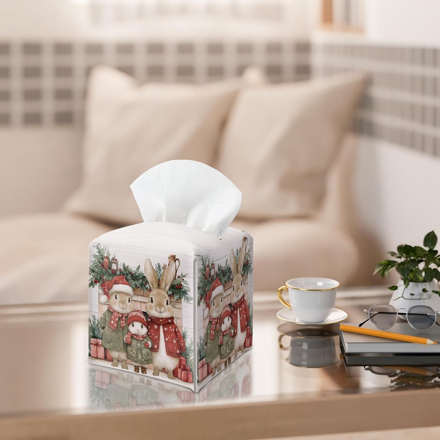 Christmas Tissue Box Holder, Christmas Bunny Leather Tissue Box Cover Square with Bottom Belt, Paper Facial Decorative Tissues Cover for Night Stands Bathroom Office Home Decor-B12