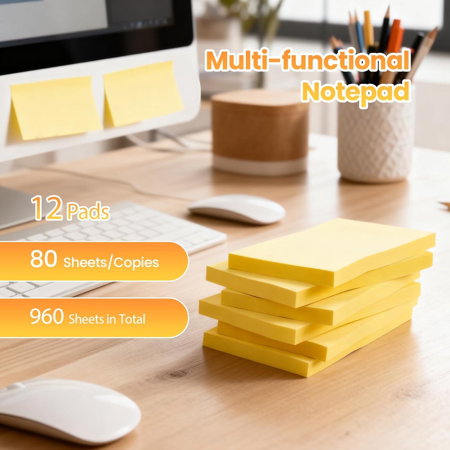 960 Sheets 3 in x 5 in Large Sticky Notes, 76 x 127 mm 6 Pads Assorted Self-Stick Pads for Notebook,Office,School and Home,80 Sheets/Pad (12 Pads Yellow)