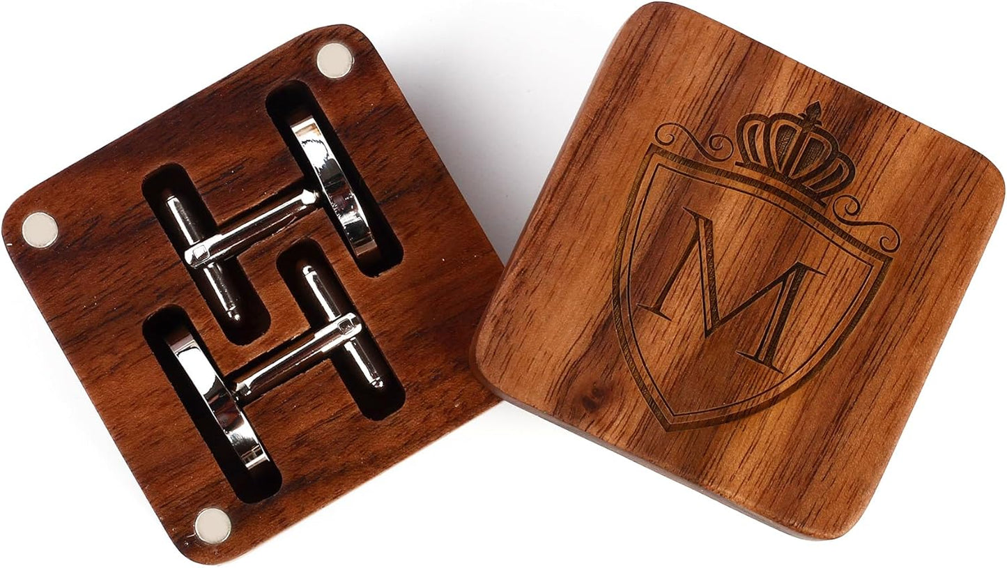 Mens Initial Silver Cufflinks A-Z Alphabet Letter Steel Cuff Links with Engraved Walnut Wood Box Groom Groomsman Wedding Set…