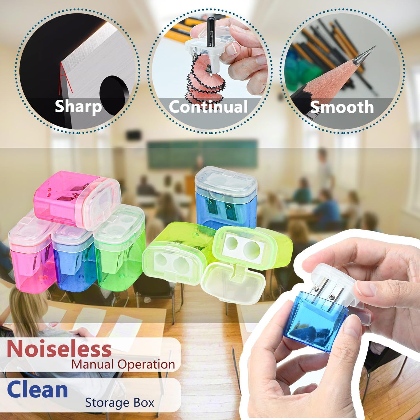 AUSTARK 24Pcs Pencil Sharpener Manual, Assorted Color Small Dual Hole Pencil Sharpeners Bulk with Lid with Lid for School Office Home (Rectangle-24)