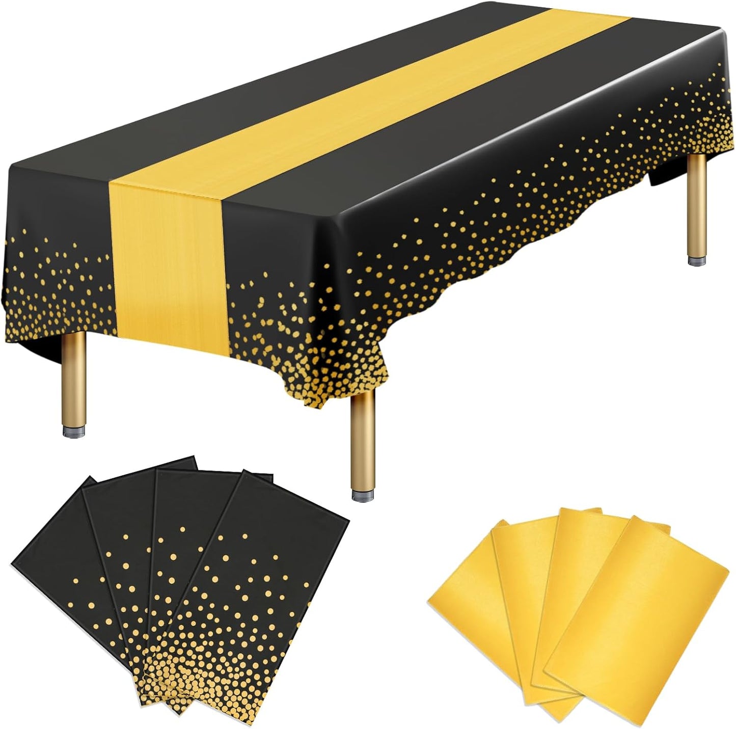8 Packs Disposable Rectangle Tablecloth and Satin Table Runner, Black and Gold Plastic Table Cloths for Parties Table Cover for Baby Shower Birthday Wedding Anniversary Holiday Party Decorations