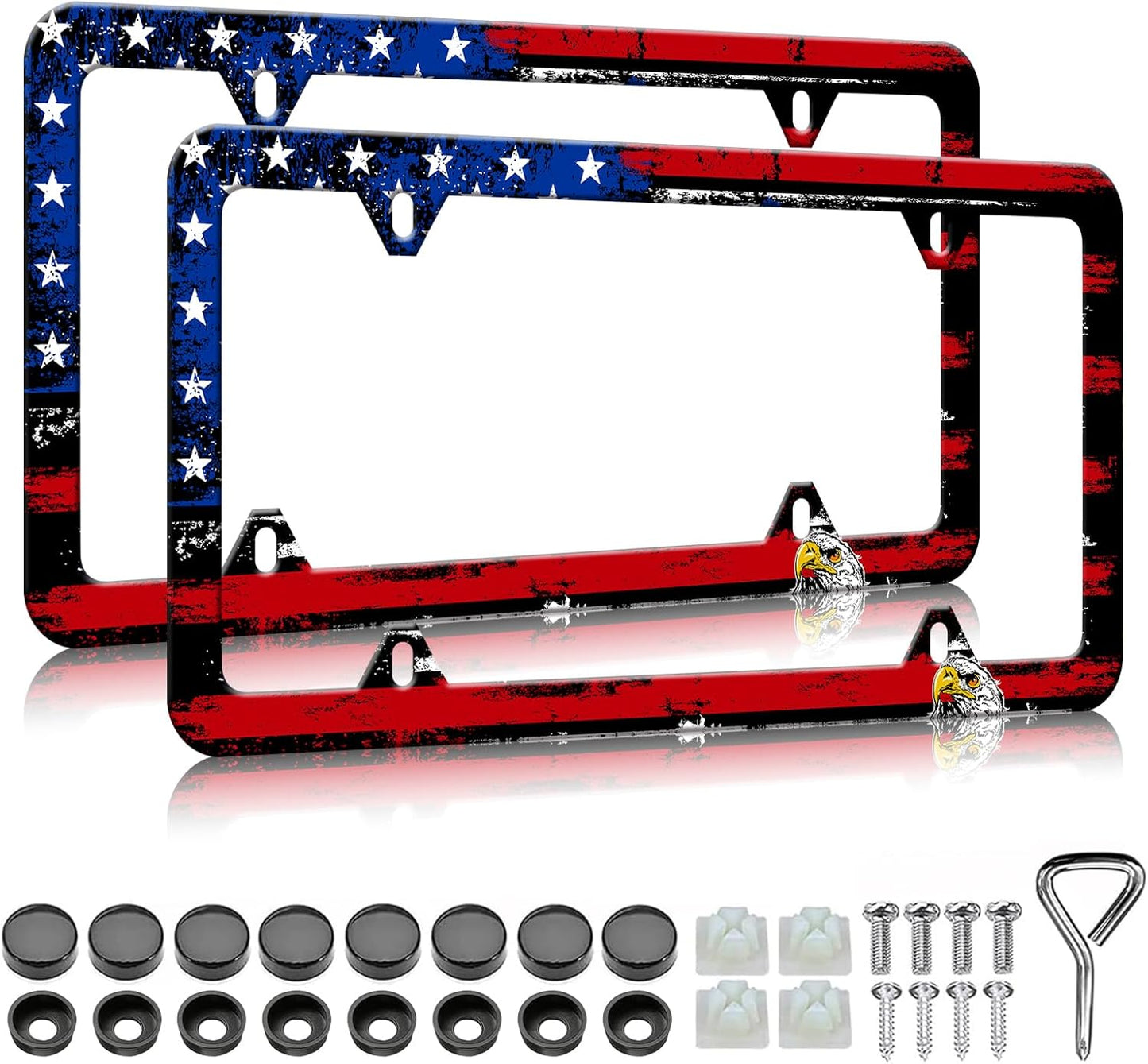 American Flag Eagle License Plate Frames - 2 Pack Front Rear Patriotic License Plates Holder Covers, Aluminum Metal Rust-Proof Waterproof Car Tag Frame with Screws Fasteners Caps