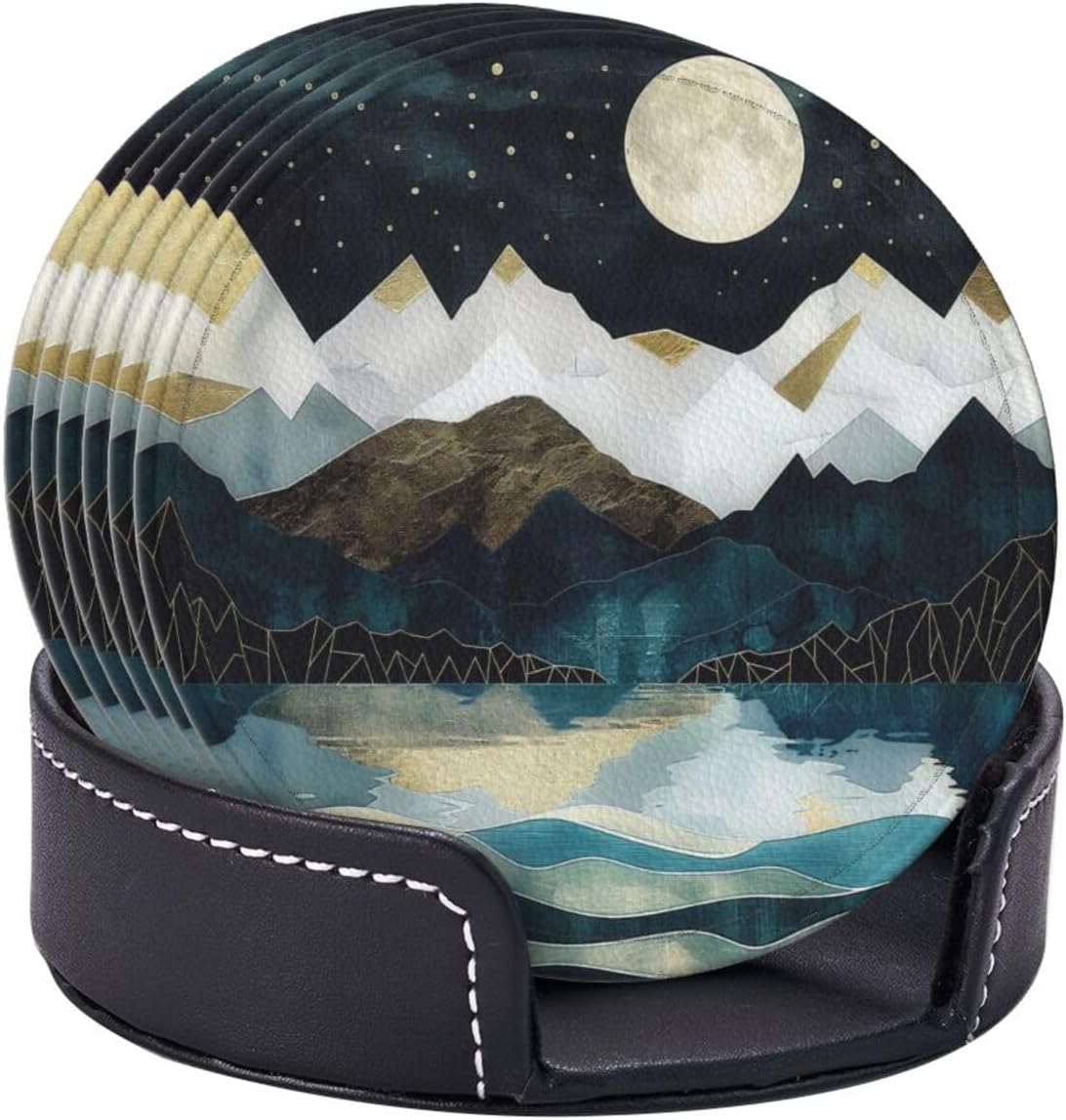 Mountain Sunset Leather Drinks Coasters with Holder Set of 6, Suitable for Kinds of Cups